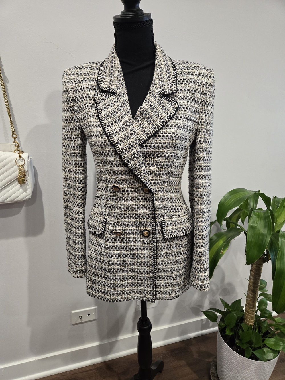 Zara Cream & Black Tweed Double-Breasted Blazer